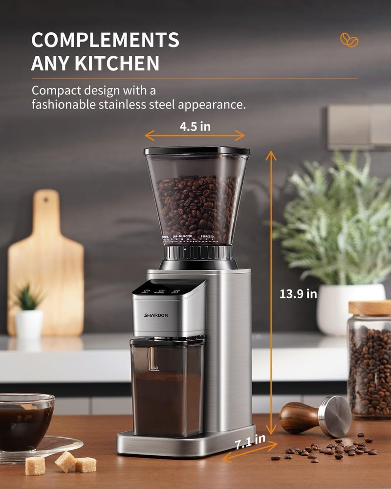 SHARDOR Professional Conical Burr Coffee Grinder, Coffee Bean Grinder with 48 Grind Settings for Espresso, Drip & French Press, Upgraded Anti-Static Technology, Precision Timer, Stainless Steel - Image 5